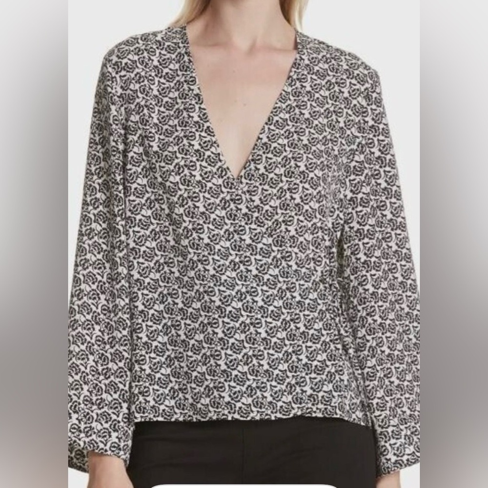 A.L.C. Black and White Patterned Wrap  Blouse with Bell Sleeves, Size 0